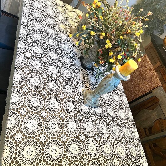 Crocheted Vintage Tablecloth-Handmade-Ivory/Cream-Approx. 68" x 108"-Rounded - Picture 7 of 10